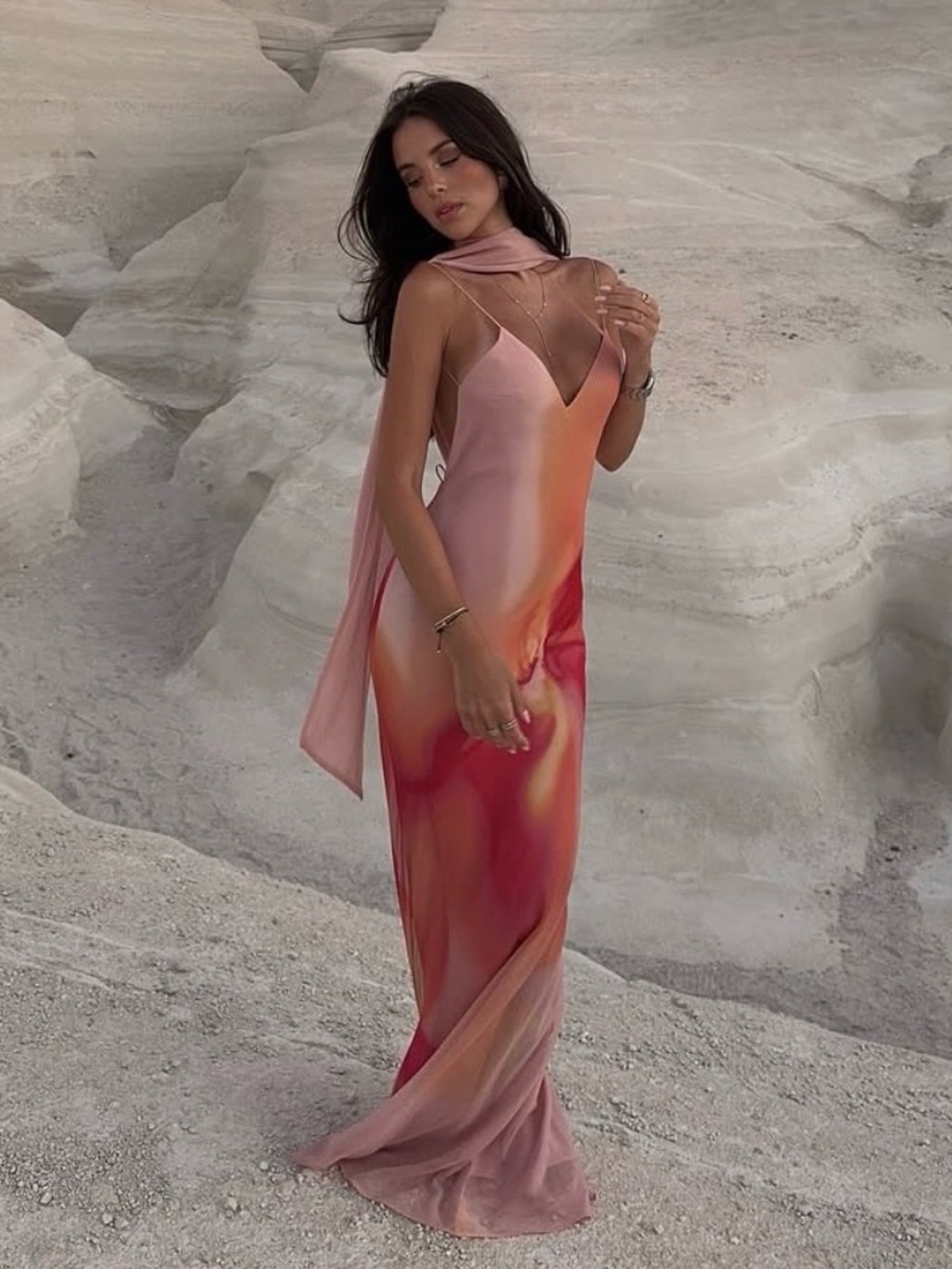 ZARA Double Layer Maxi Slip Dress with Scarf.  Pink-Orange Flower Print. S NWT